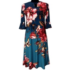 ROZ & ALI Women's Multi-color Floral Print on Teal Bell Sleeves Dress Size XS
